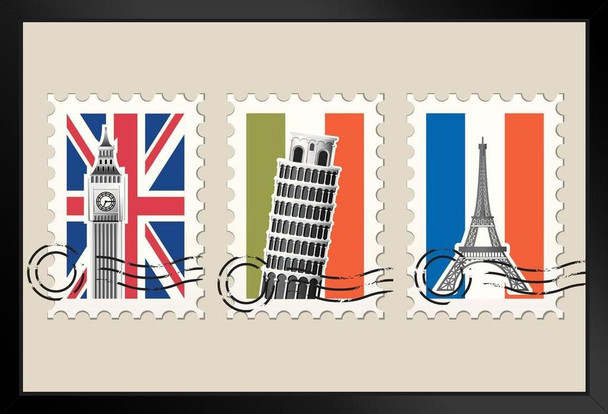 European Landmark Stamps Big Ben Eiffel Tower Flag Art Print Stand or Hang Wood Frame Display Poster Print 13x9