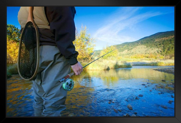 Fly Fisherman Standing in Stream Photo Photograph Art Print Stand or Hang Wood Frame Display Poster Print 13x9