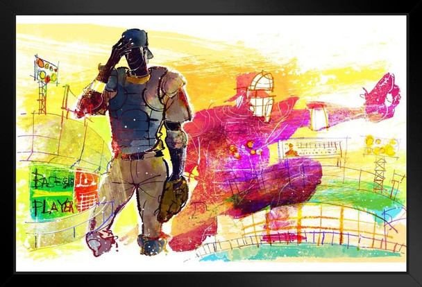 Baseball Catcher And Pitcher In Stadium Illustration Art Print Stand or Hang Wood Frame Display Poster Print 13x9