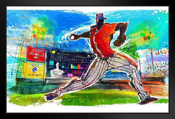 Baseball Player Throwing Ball In Stadium Illustration Art Print Stand or Hang Wood Frame Display Poster Print 13x9