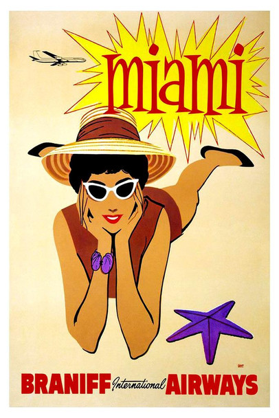 Miami Florida Braniff International Airways Retro Woman On Sunny Beach Illustration Vintage Travel Cool Wall Art Print Poster 24x36