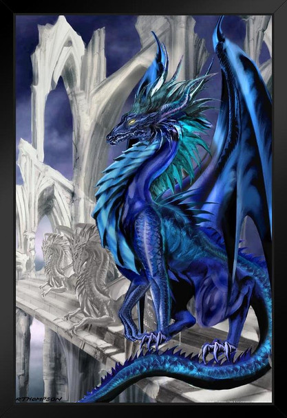 Nightfall Blue Dragon Sitting by Ruth Thompson Fantasy Poster Building Ruins Old Gothic Church Stand or Hang Wood Frame Display 9x13