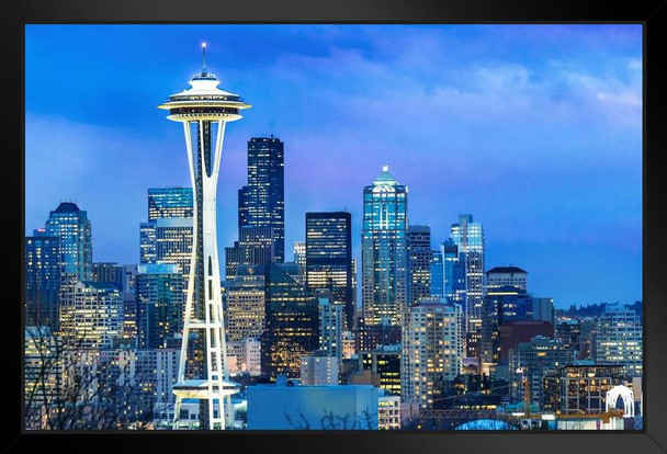 Seattle Washington Skyline Space Needle at Dusk Photo Photograph Art Print Stand or Hang Wood Frame Display Poster Print 13x9