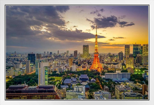 Sunset View of Tokyo Skyline Cityscape Japan Photo Photograph Beach Palm Landscape Pictures Ocean Scenic Scenery Tropical Nature Photography Paradise Scenes White Wood Framed Art Poster 20x14