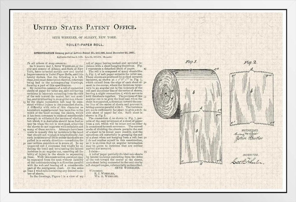 Toilet Paper Roll Official Patent Diagram White Wood Framed Poster 14x20