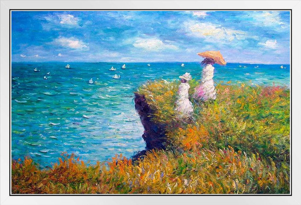 Claude Monet The Promenade On The Cliff Impressionist Art Posters Claude Monet Prints Nature Landscape Painting Claude Monet Canvas Wall Art French Wall Decor White Wood Framed Art Poster 20x14
