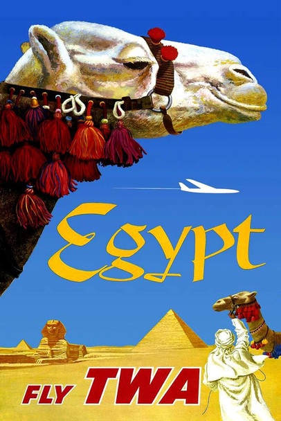 Visit Egypt Fly TWA Airlines Camel Pyramids Sphynx in Desert Vintage Illustration Tourism Travel Cool Wall Decor Art Print Poster 24x36