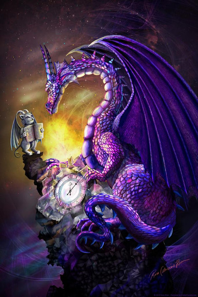 Purple Time Dragon with Gargoyle Friend by Rose Khan Poster Fantasy Clock Cosmos Shiny Scales Cool Wall Decor Art Print Poster 24x36