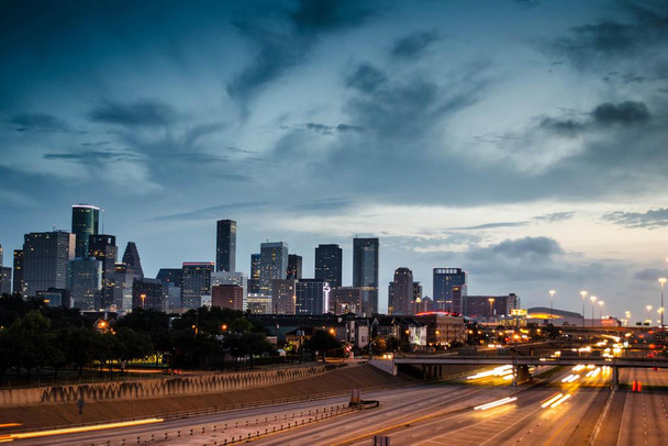 Laminated Houston Skyline at Dusk From Busy Expressway Photo Art Print Poster Dry Erase Wall Art 36x24