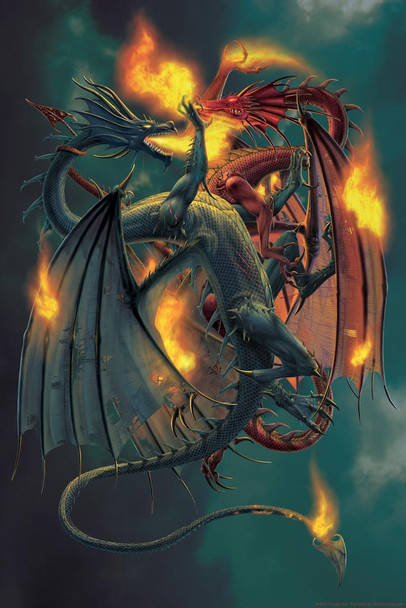 Clash of the Titans Fire Breathing Dragons Fighting by Vincent Hie Fantasy Poster Red Green Dragon Cool Wall Decor Art Print Poster 24x36