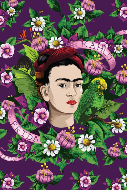 Laminated Frida Kahlo Flowers Background Self Portrait Face Painting Feminist Feminism Painter Pop Art Colorful Purple Poster Dry Erase Wall Art 24x36