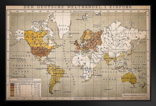 German World Trade Import Antique Style Map Travel World Map with Cities in Detail Map Posters for Wall Map Art Wall Decor Geographical Illustration Travel Stand or Hang Wood Frame Display 9x13