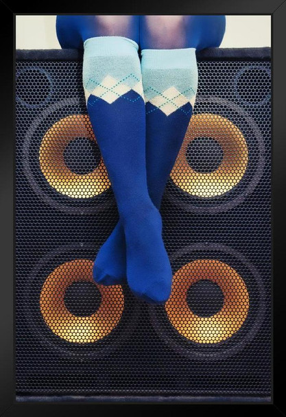 Woman in Blue Argyle Socks Sitting on Bass Speakers Rock Roll Music Stand or Hang Wood Frame Display 9x13