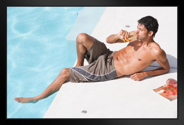 Hot Guy Relaxing by the Swimming Pool Photo Photograph Art Print Stand or Hang Wood Frame Display Poster Print 13x9