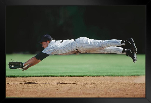 Baseball Player in Mid Air Catching Ball Photo Photograph Art Print Stand or Hang Wood Frame Display Poster Print 13x9