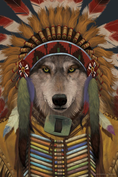 Wolf Spirit Chief Feather Headdress Animal Mashup by Vincent Hie Thick Paper Sign Print Picture 8x12