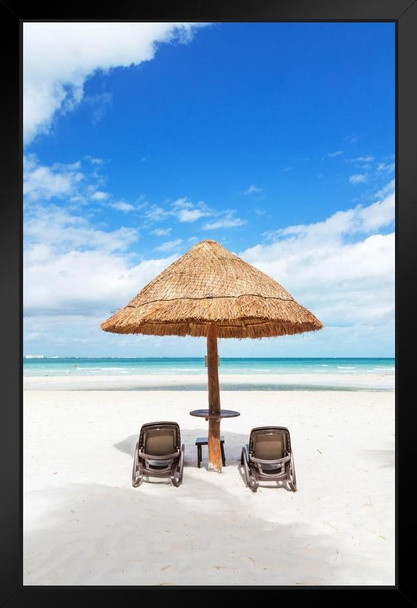 Sunshade Lounge Chairs Beer Commercial Palapa Tropical Sandy Beach II Photo Photograph Sunset Palm Landscape Pictures Ocean Scenic Scenery Paradise Scenes Stand or Hang Wood Frame Display 9x13