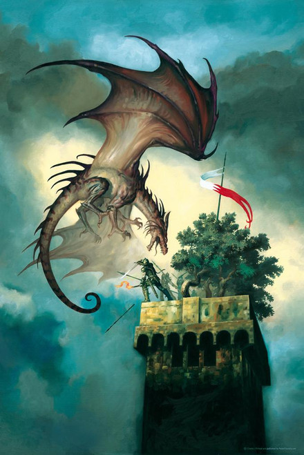 laminated-lucca-drag-dragon-attacking-castle-guards-by-ciruelo-fantasy