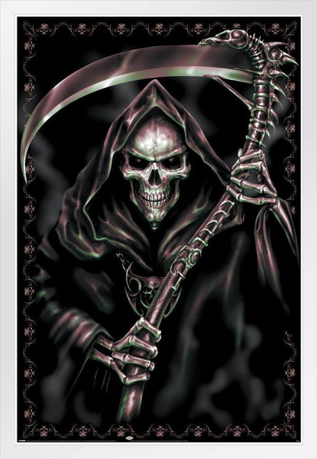 Spiral Assassin Grim Reaper Of Death With Scythe Fantasy Horror Biker White  Wood Framed Poster 14x20