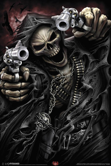 Laminated Spiral Assassin Grim Reaper With Guns Revolvers Skeleton