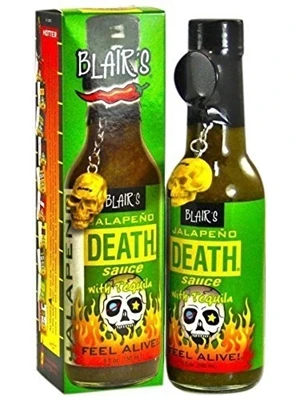 Blair's Jalapeno Death Sauce Hot Sauce with Tequila and Skull Keychain, 5oz.