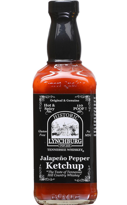 Historic Lynchburg Tennessee Whiskey Hot and Spicy 110 Proof Jalapeno Pepper Ketchup, 15oz. Historic Lynchburg Tennessee Whiskey Hot and Spicy 110 Proof Jalapeno Pepper Ketchup, 15oz.