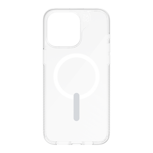 iPhone 15 in a slim, lightweight Essential Snap Clear Case, shown from the front and back.