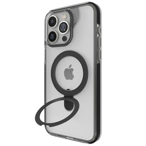 Santa Cruz Ring Stand case with integrated ring deployed, holding an iPhone upright in portrait and landscape for hands-free viewing.