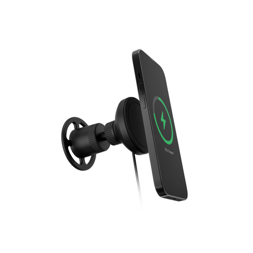 Qi2 vent mount securely attached to car air vent with phone magnetically charging