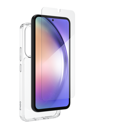 ZAGG Screen Protector and Clear Case Bundle for Samsung Galaxy A54 5G, shown side by side in packaging.