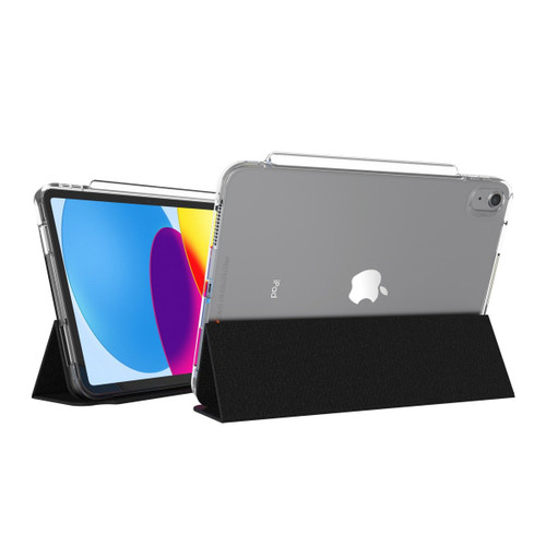 Front-facing product shot of the Crystal Palace transparent case on an iPad with the folio cover closed, showcasing the crystal-clear D3O® Crystalex material that reveals the iPad's original design and Apple logo.