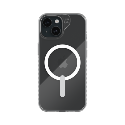 Essential Snap Clear Case for iPhone 15 in crystal clear finish, displaying the phone's original color.