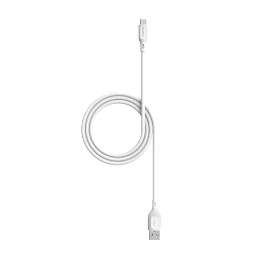 Close-up of mophie TPE cable showing white USB-A and Micro-USB connectors