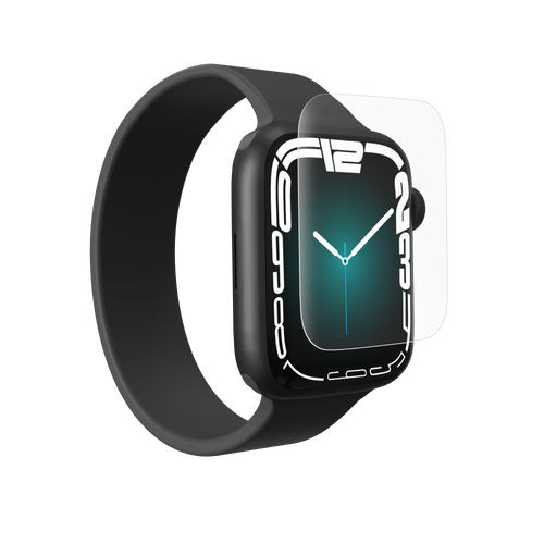 InvisibleShield Ultra Clear screen protector installed on an Apple Watch Series 9, showcasing edge-to-edge clarity.