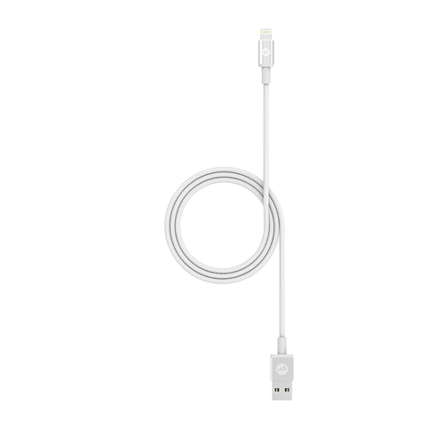 mophie 3-meter USB-A to Lightning cable in white and black with braided exterior