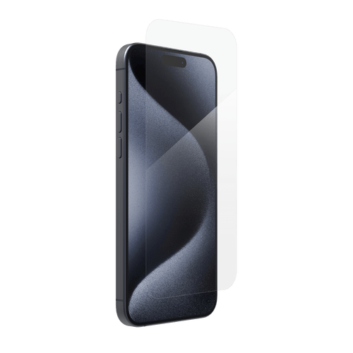 Glass Elite screen protector with 5X stronger aluminosilicate glass, EZ Apply® tray, and reinforced edges shown on a smartphone.