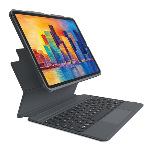 Pro Keys Trackpad for iPad Pro 12.9", iPad Air 13"(M4,M3,M2) shown on iPad Air M4, highlighting everyday protection details.