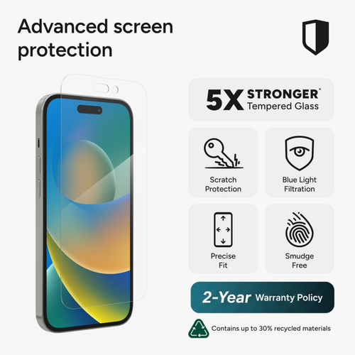 Glass Elite VisionGuard Screen Protector for iPhone 13/13 Pro/14/16e/17e — close-up view