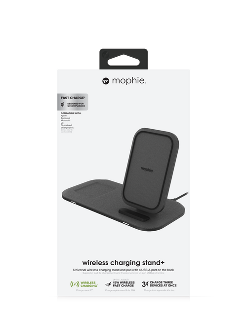 The wireless charging stand+ is compatible with Qi-enabled phones.