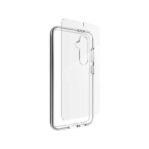 Crystal Palace clear case with graphene reinforcement and Glass Elite screen protector on a phone.