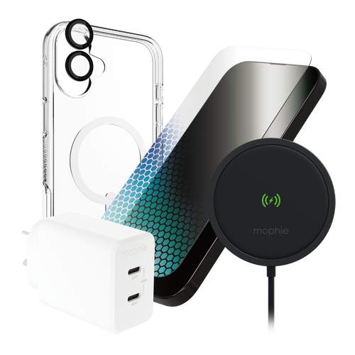 Bundle Unboxing Experience: All four Ultimate Bundle components displayed: case, screen protector, wireless pad, and wall charger