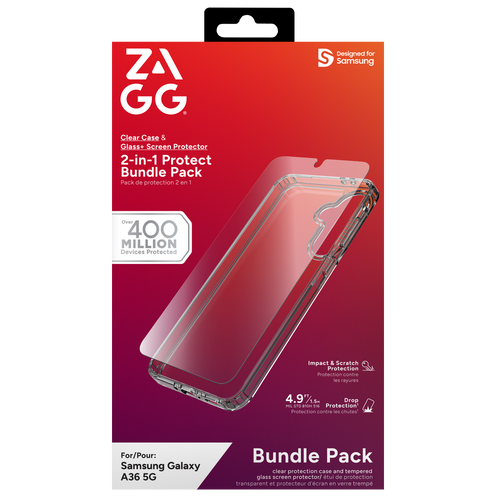 Samsung Galaxy A36 with ZAGG Clear Case and Glass+ Screen Protector installed, showcasing full device protection.