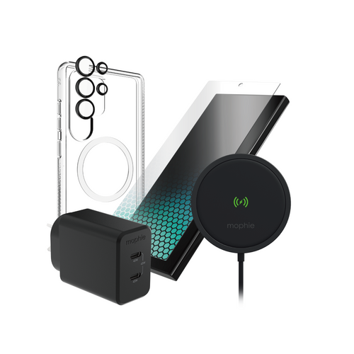 Premium Bundle Unboxed: All components including case, protectors, and charger displayed together