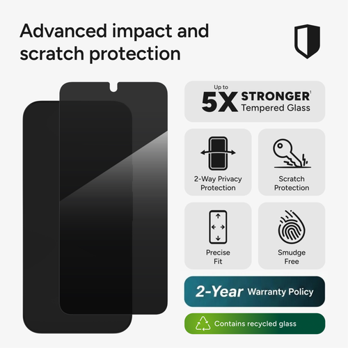 Glass Elite Privacy 2-Way screen protector on Google Pixel 10 Pro XL, showing clear front-on view with screen visible.