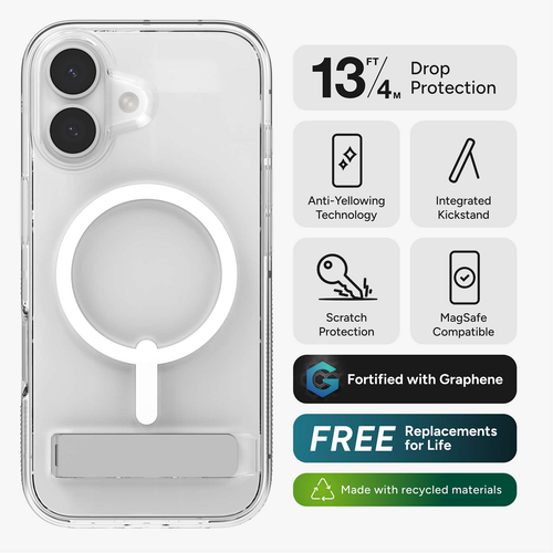 Along with 13 feet drop protection, this case features anti-yellowing technology, MagSafe compatibility, and an integrated kickstand