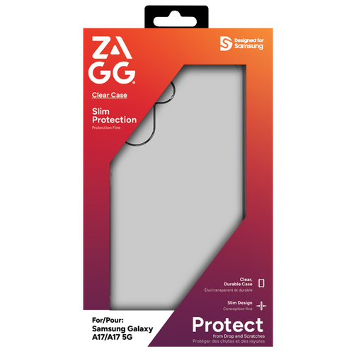 ZAGG Crystal Clear Case for Samsung A series phone, demonstrating slim profile and transparency.
