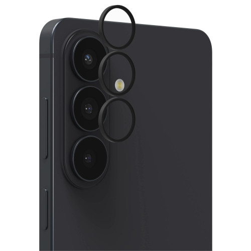 ZAGG Premium Camera Rings Lens Protector for Samsung Galaxy S26, Black fitted over the camera module on a Samsung Galaxy S26.