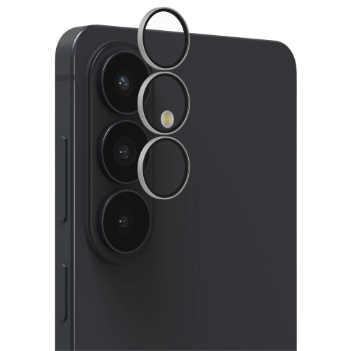 Close-up of aluminosilicate glass lens protectors with anti-reflective coating on Galaxy S26.