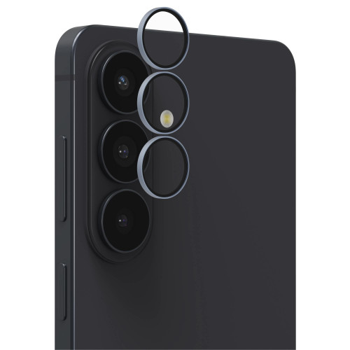 Close-up of aluminosilicate glass lens protectors with anti-reflective coating on Galaxy S26.