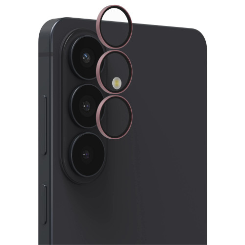 Close-up of aluminosilicate glass lens protectors with anti-reflective coating on Galaxy S26.